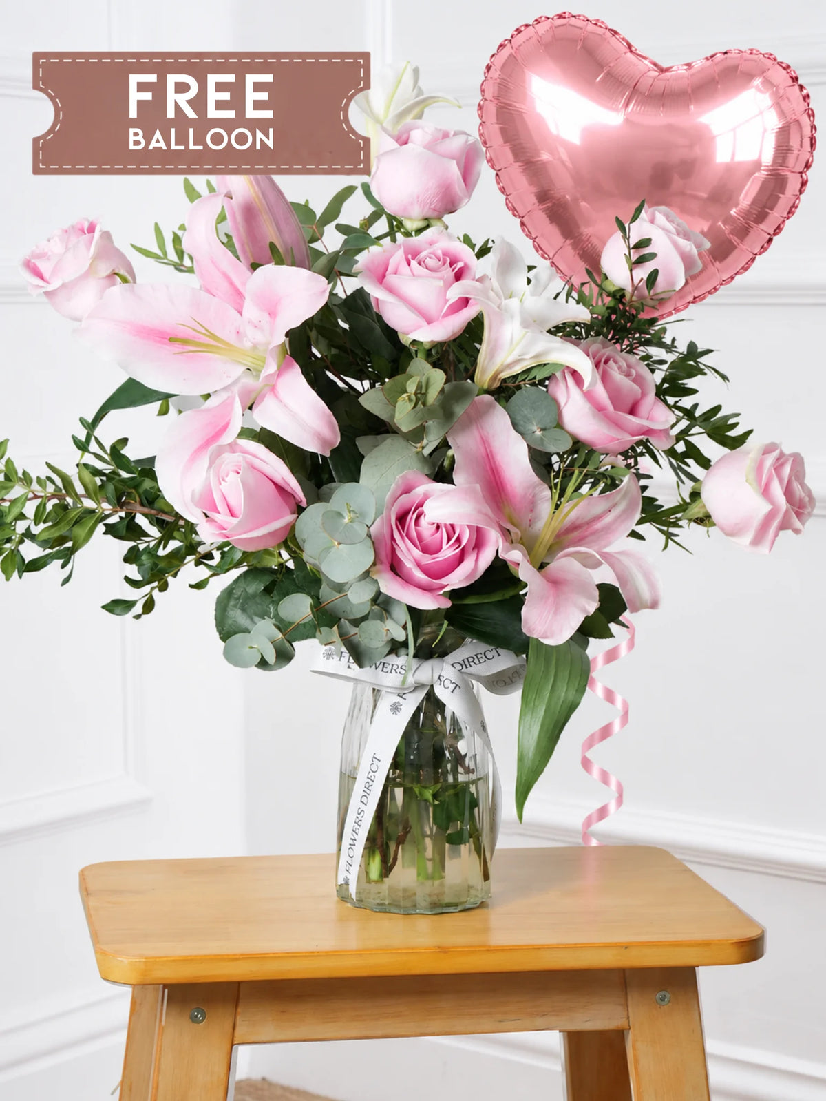 Pink Roses and Pink Lily Vase with Free Balloon