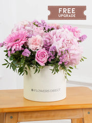 Sweetheart Hatbox Free Upgrade –  Express your love and affection with our "Sweetheart" arrangement, featuring delicate pink hydrangeas, vibrant...