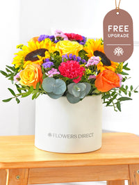 Colour Burst Hatbox Free Upgrade – Brighten up any room with our "Colour Burst" arrangement, featuring stunning sunflowers, cerise carnations,...