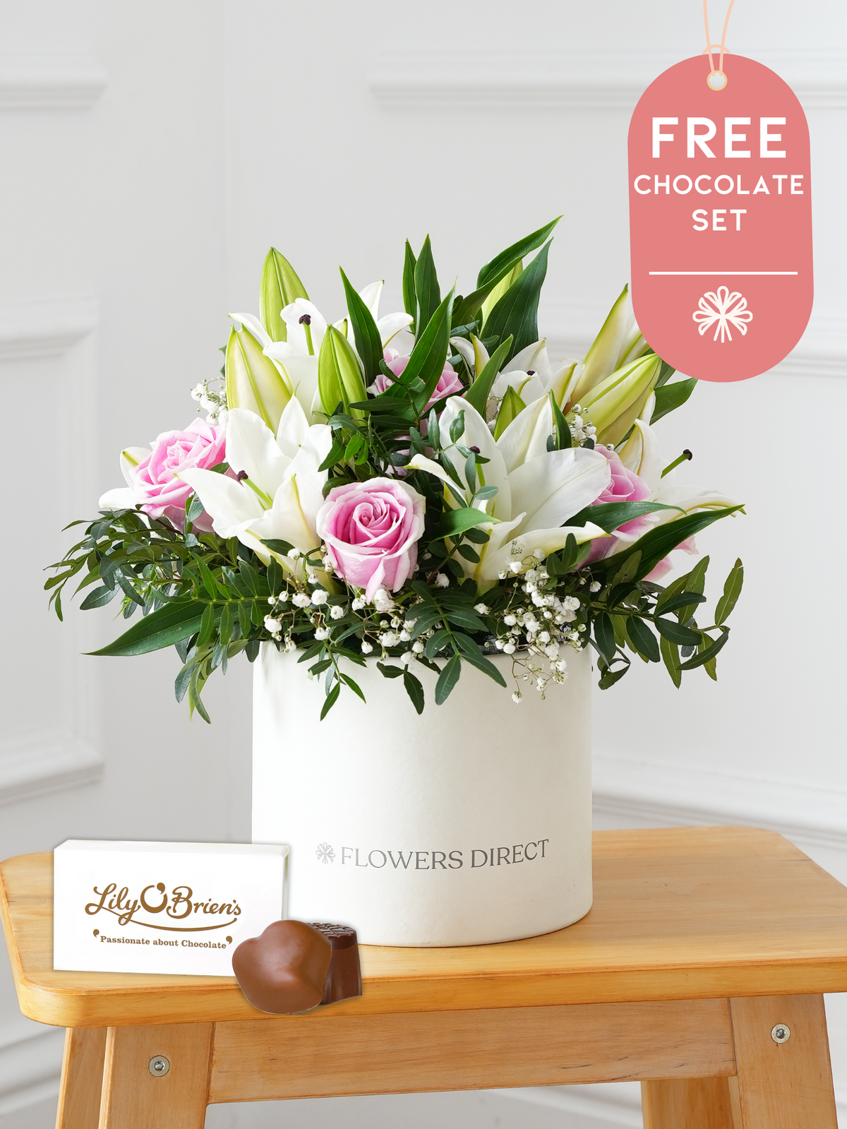 Pink Roses and White Lily - Hatbox with Free Chocolate Set