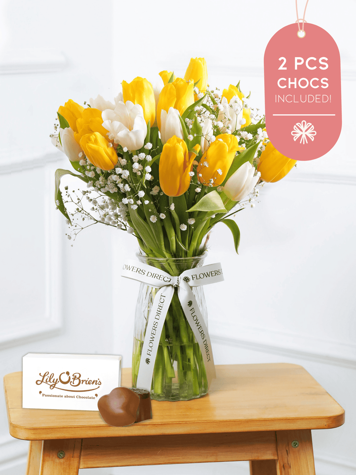 White & Yellow Tulips Vase 2 Pcs Chocs included!