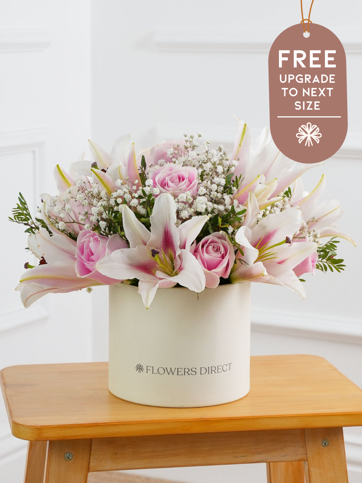 Pink Roses and Pink Lily Hatbox with Free Upgrade to Next Size