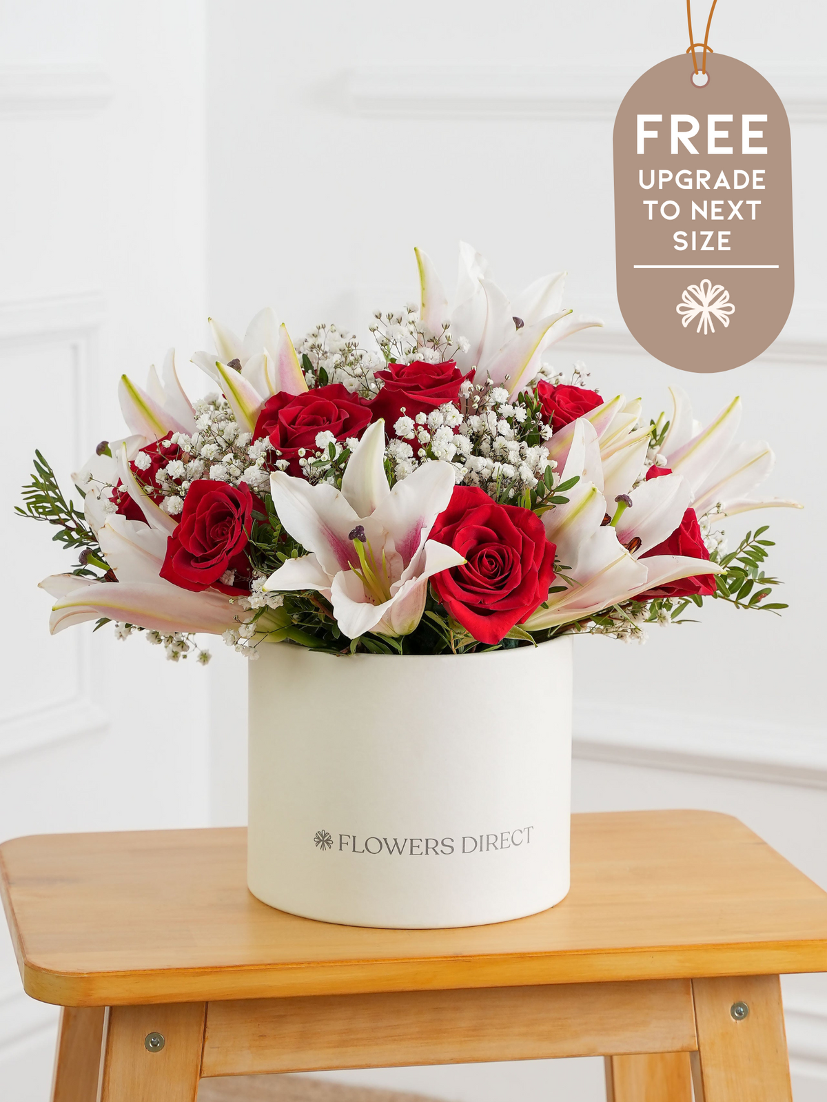Red Roses and Pink Lily - Hatbox with Free Upgrade to Next Size