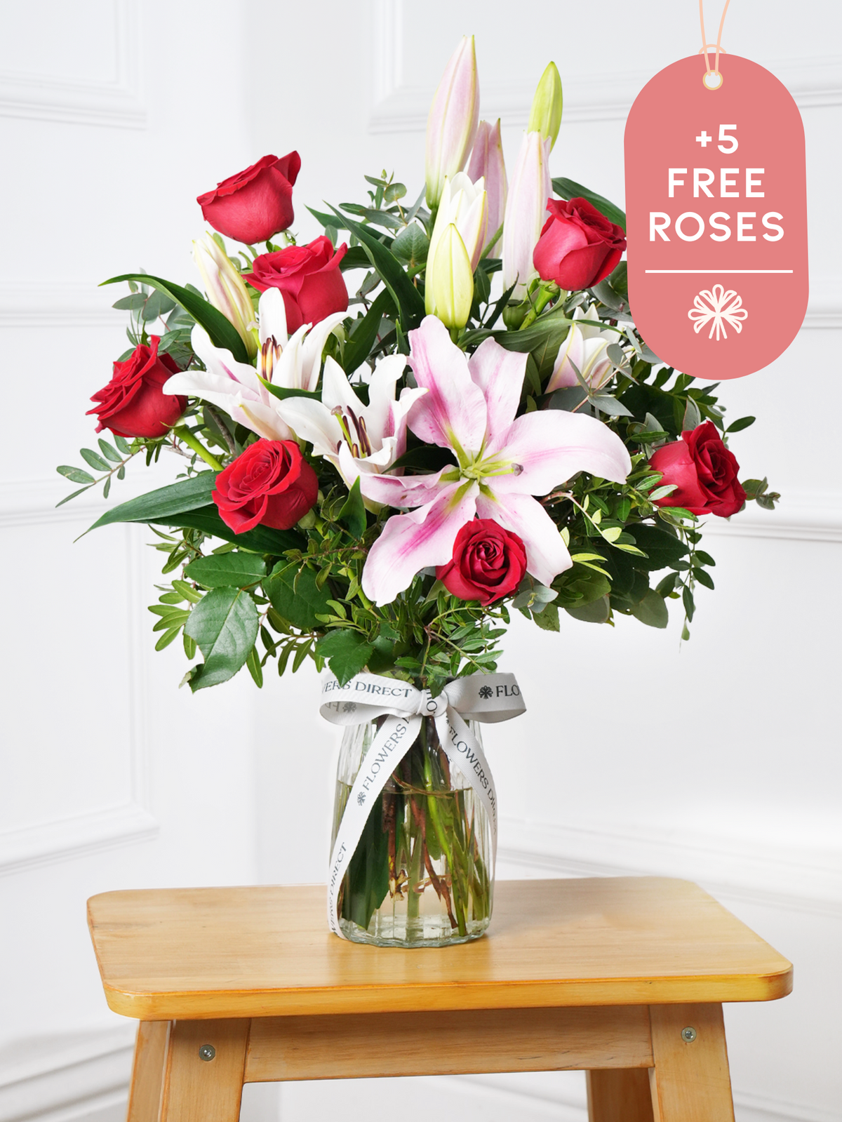 Red Roses and Pink Lily - Vase with 5 more roses