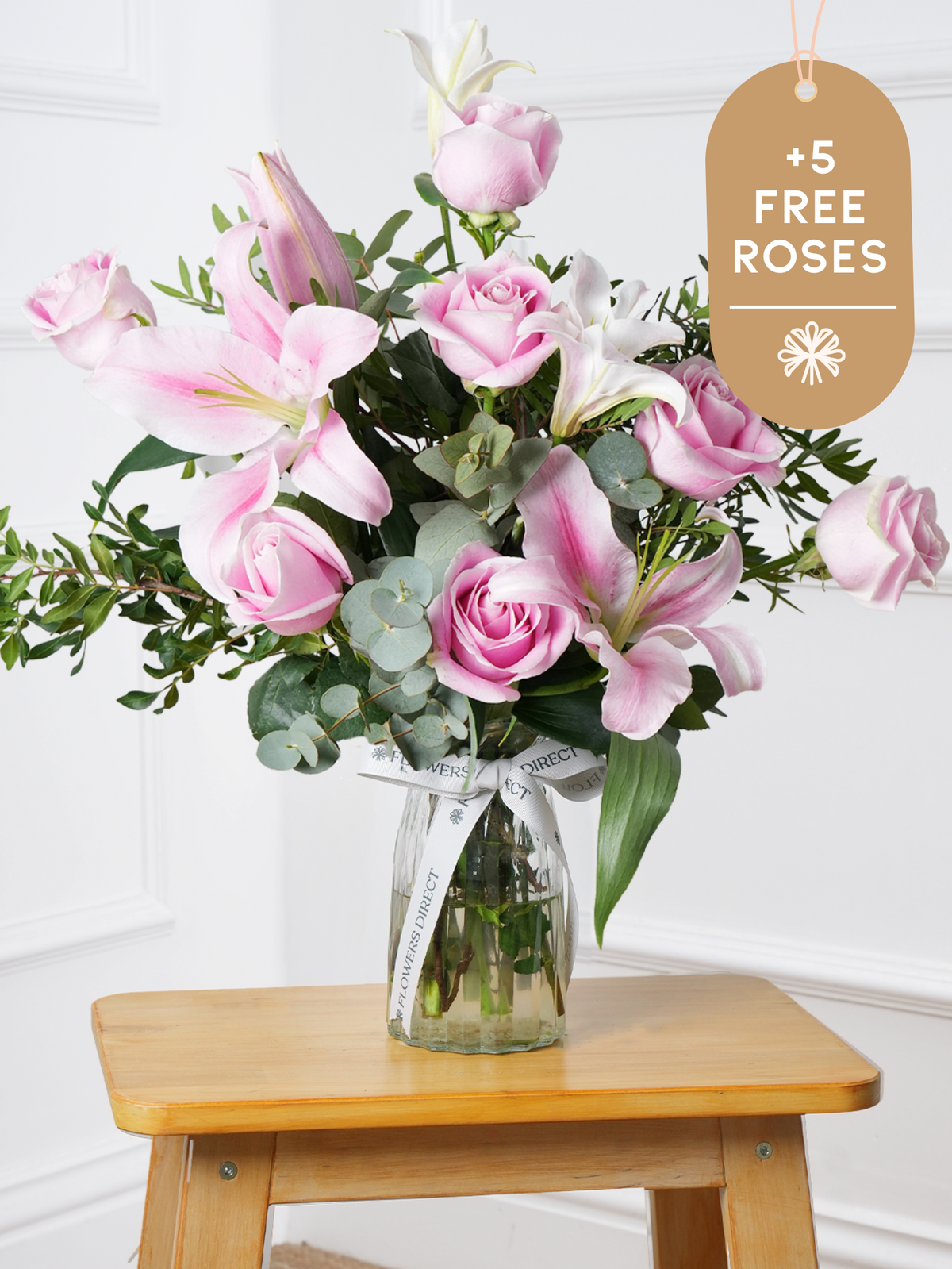Pink Roses and Pink Lily - Vase with 5 more roses