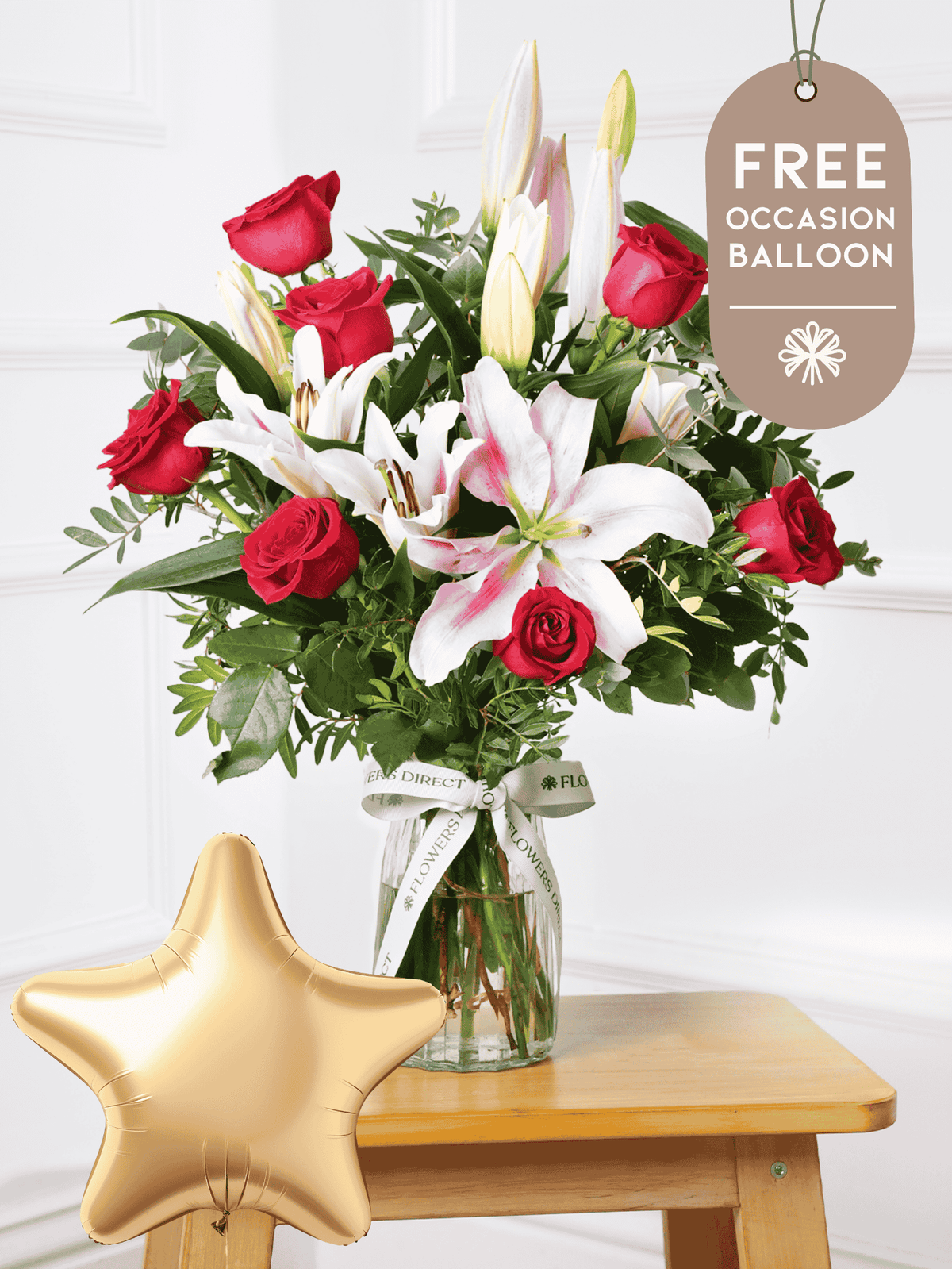 Red Roses and Pink Lily Vase with Free Balloon to Match the Occasion