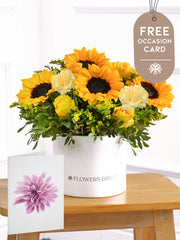 Sunflower Hatbox with Free Occasion Card –  Give the gift of pure joy with this vibrant Sunny Day Hatbox floral arrangement! The golden...