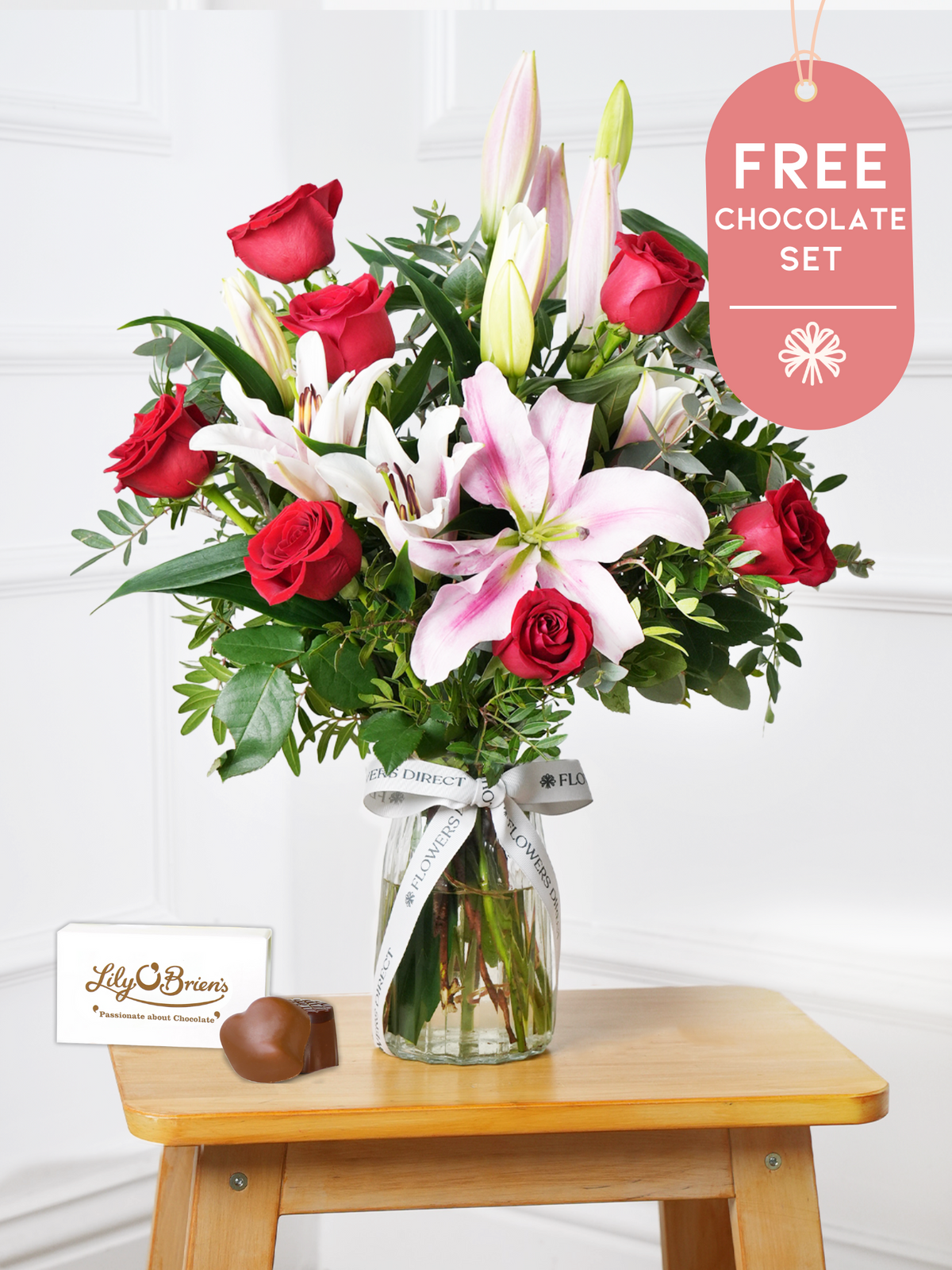 Anniversary Red Roses and Pink Lily - Vase with Chocolate Set