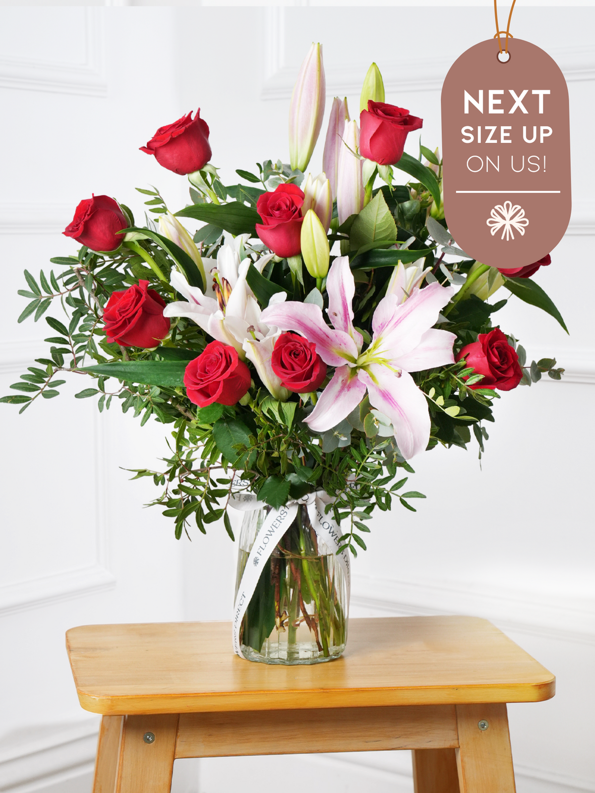 Red Roses and Pink Lily Vase Next Size Up – On Us!