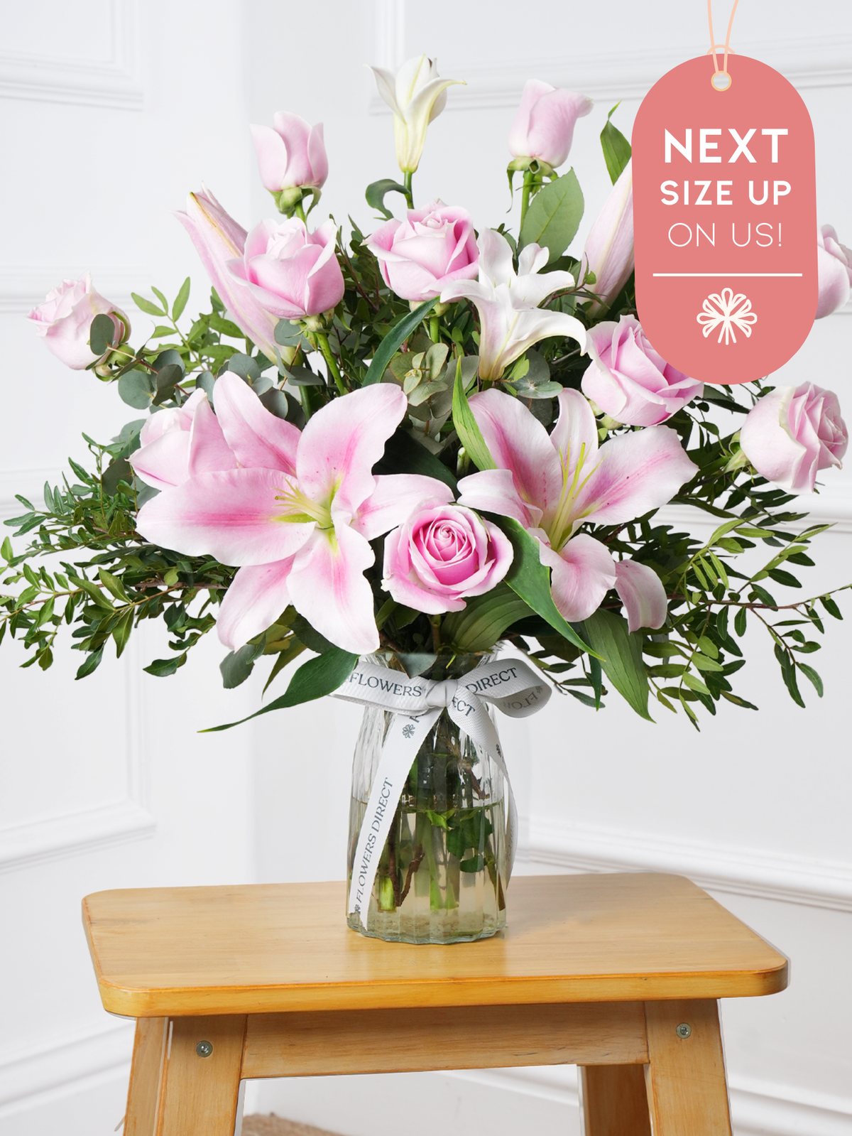 Pink Roses and Pink Lily Vase Next Size Up - On Us!