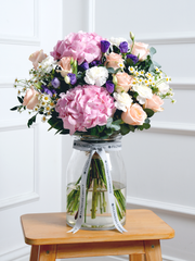Sweet Pastel Large Vase –  Brighten up any space with our 'Sweet Pastel' arrangement, featuring soft pink hydrangeas, peach...