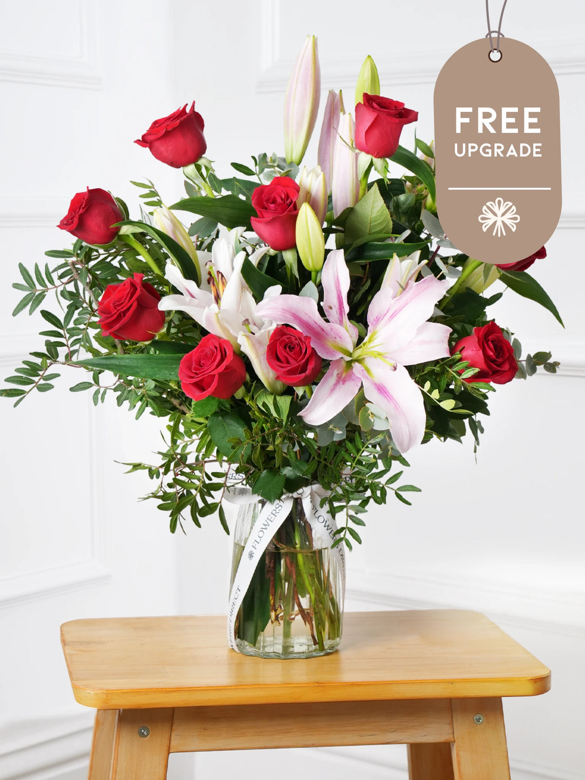 Red Roses and Pink Lily Vase Free Upgrade