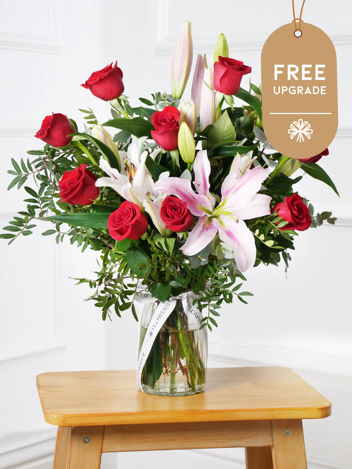 Red Roses and Pink Lily Vase Free Upgrade