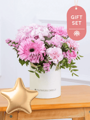 Sweetheart Hatbox Gift Set – Express your love and affection with our "Sweetheart" arrangement, featuring delicate pink hydrangeas, vibrant...