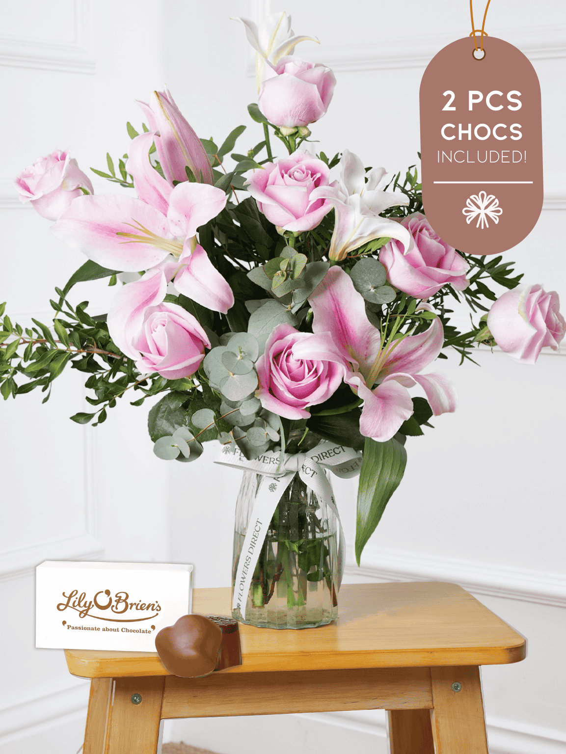 Pink Roses and Pink Lily Vase 2 Pcs Chocs included!
