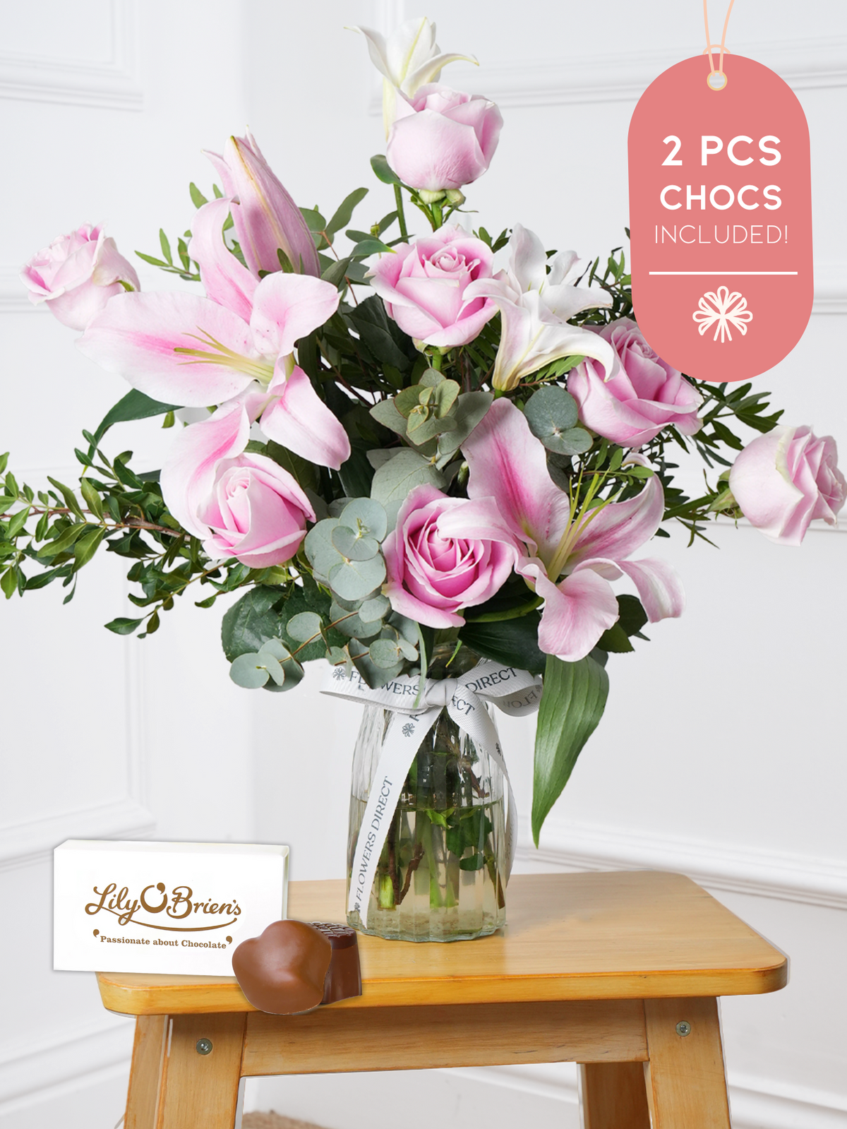 Pink Roses and Pink Lily Vase 2 Pcs Chocs included!