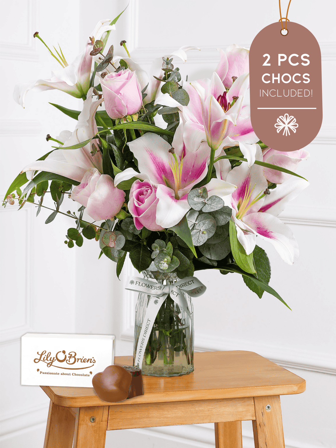 Pink Roses and Pink Lily Vase 2 Pcs Chocs included!