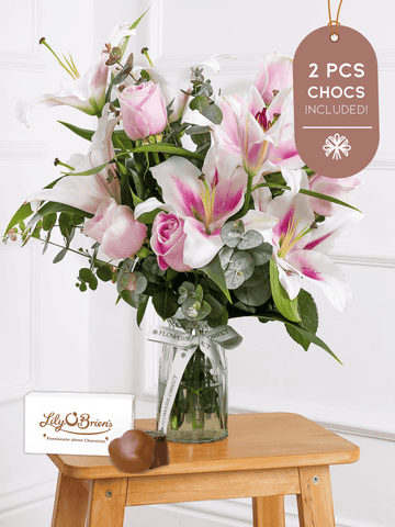 Pink Roses and Pink Lily Vase 2 Pcs Chocs included!