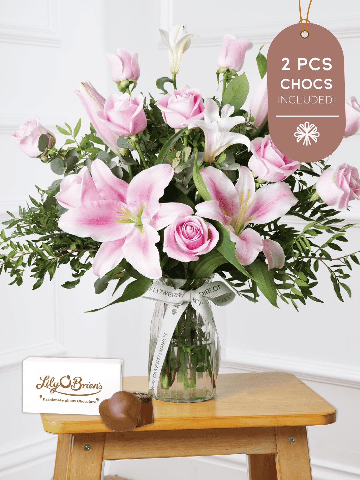 Pink Roses and Pink Lily Vase 2 Pcs Chocs included!
