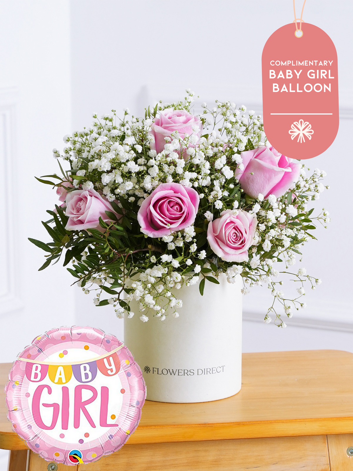 Baby Girl Pink Roses - Hatbox (Complimentary Baby Girl Balloon)