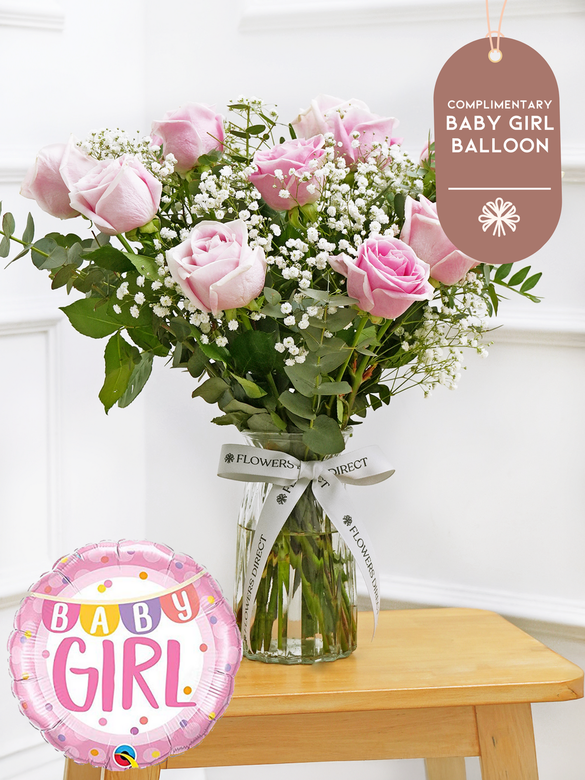 Baby Girl 12 Long Stem Pink Roses - Vase (Complimentary Baby Girl Balloon)