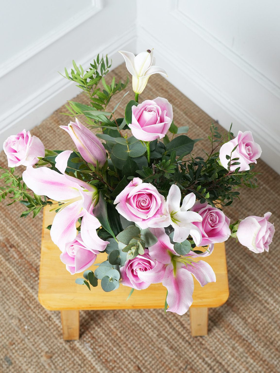 Pink Roses and Pink Lily - Vase with Free Upgrade to Next Size