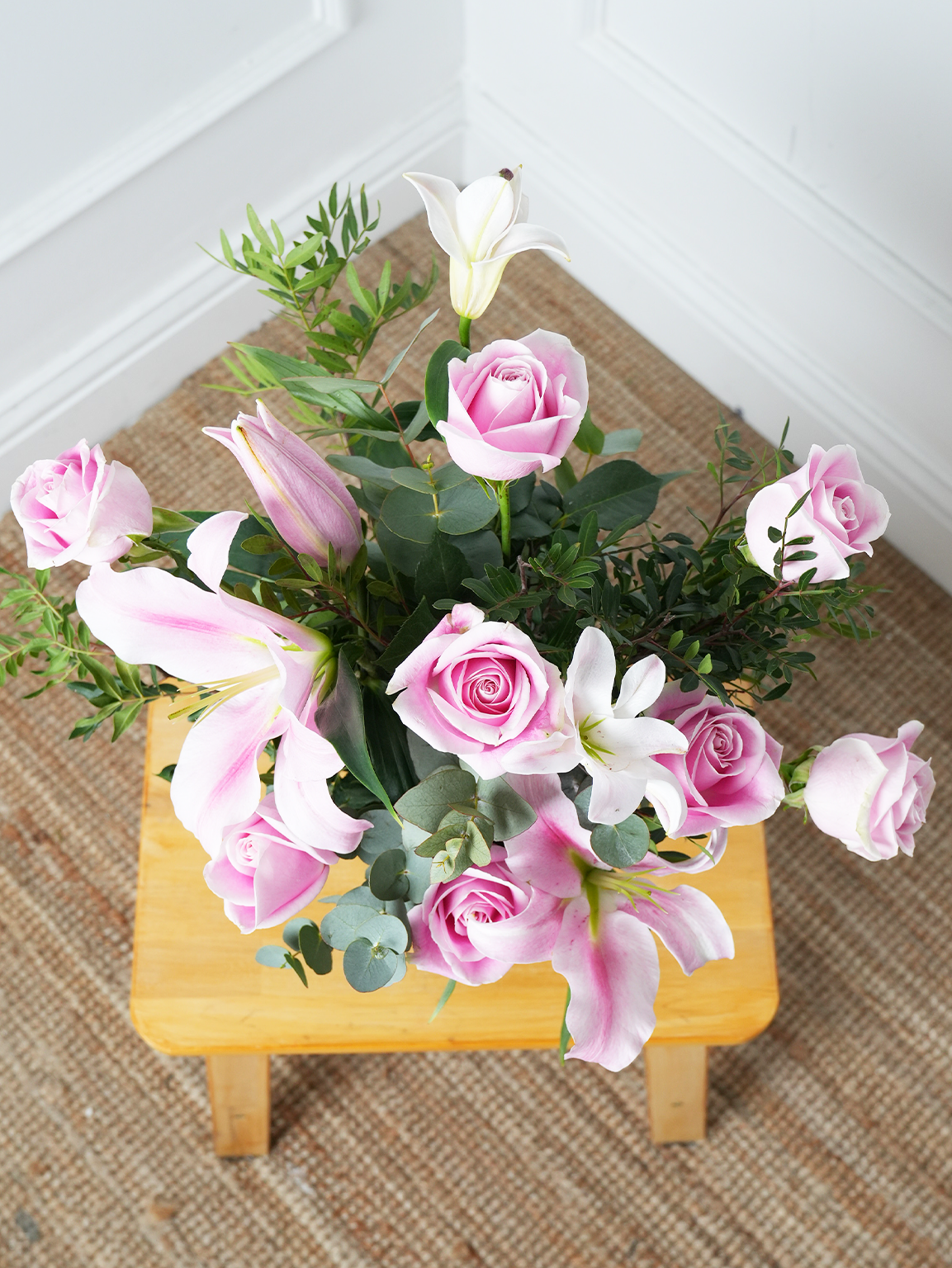 Christmas Pink Roses and Pink Lily - Vase with Free Chocolate Set