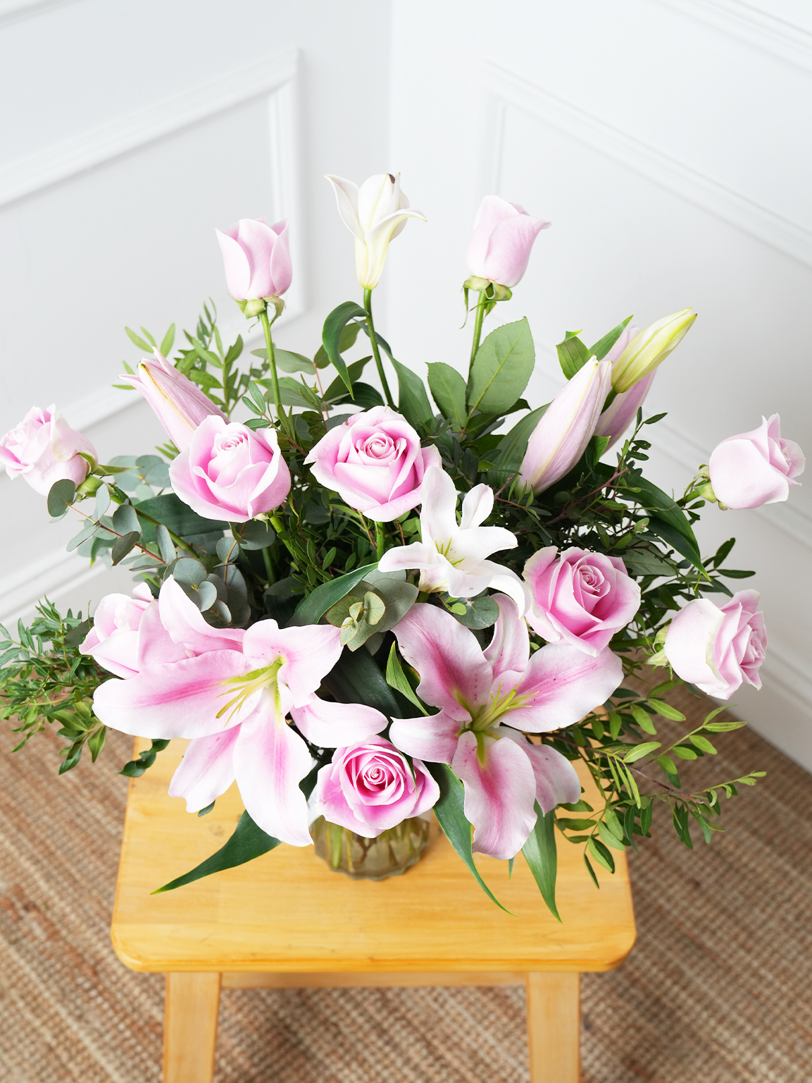 Christmas Pink Roses and Pink Lily - Vase with Free Chocolate Set