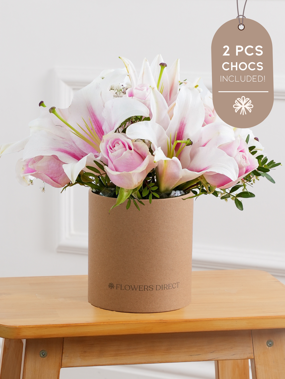 Pink Roses and Pink Lily Hatbox  2pcs Chocs included!