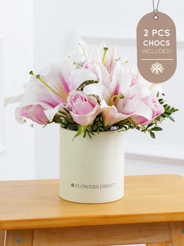 Pink Roses and Pink Lily Hatbox  2pcs Chocs included!