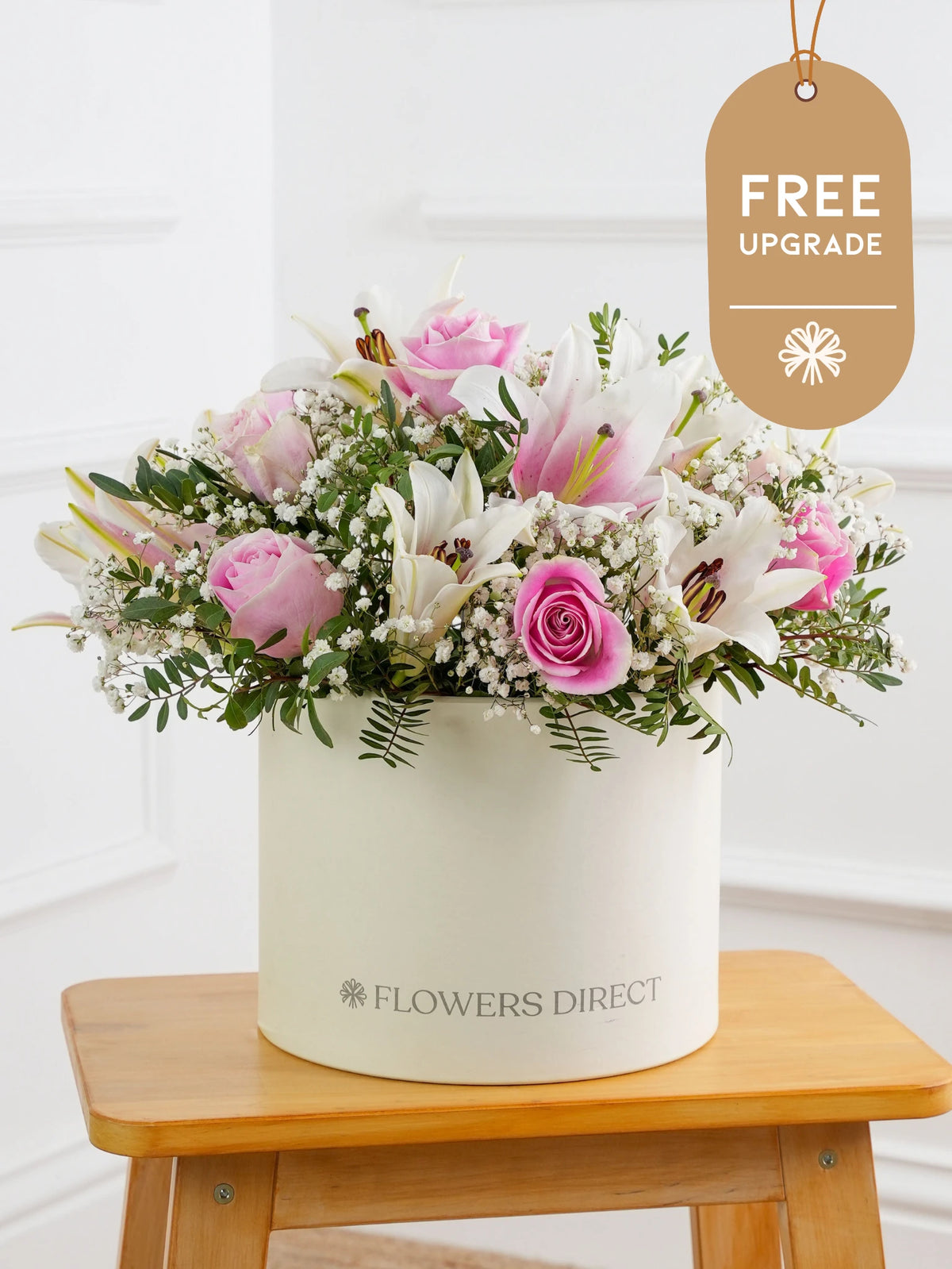 Pink Roses and Pink Lily Hatbox Free Upgrade