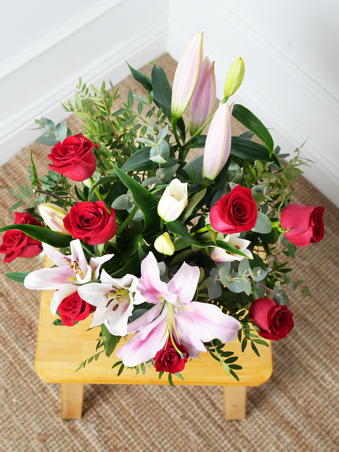 New Baby Red Roses and Pink Lily - Vase
