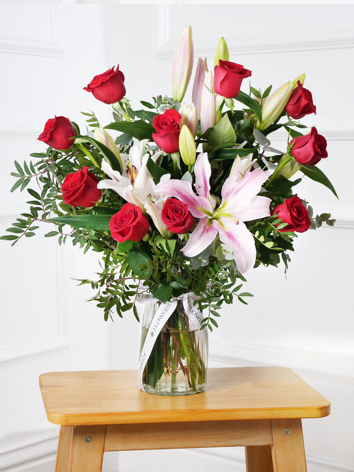 Sympathy Red Roses and Pink Lily in a vase