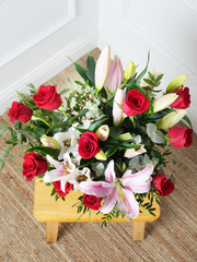 Red Roses and Pink Lily Vase Free Upgrade – This is a very elegant bouquet, featuring 6 large headed Naomi Red roses with...