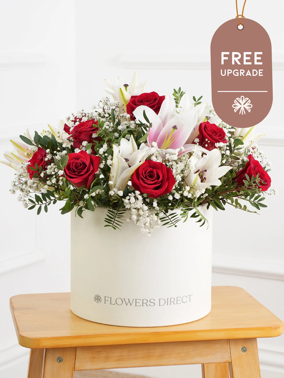 Red Roses and Pink Lily Hatbox Free Upgrade