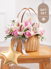 Pink Roses and Pink Lily Basket Gift Set –  Our Pink Roses and Pink Lily Basket is a sophisticated and timeless way to express...