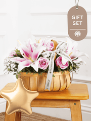 Pink Roses and Pink Lily Basket Gift Set –  Our Pink Roses and Pink Lily Basket is a sophisticated and timeless way to express...