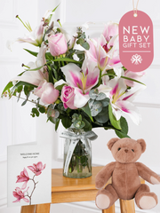 New Baby Pink Roses and Pink Lily - Vase – Welcome the newest addition to the family with our exquisite New Baby Pink Roses...