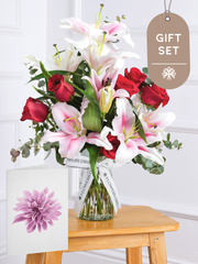 Red Roses and Pink Lily Vase Gift Set – This is a very elegant bouquet, featuring large headed Naomi Red roses with scented...