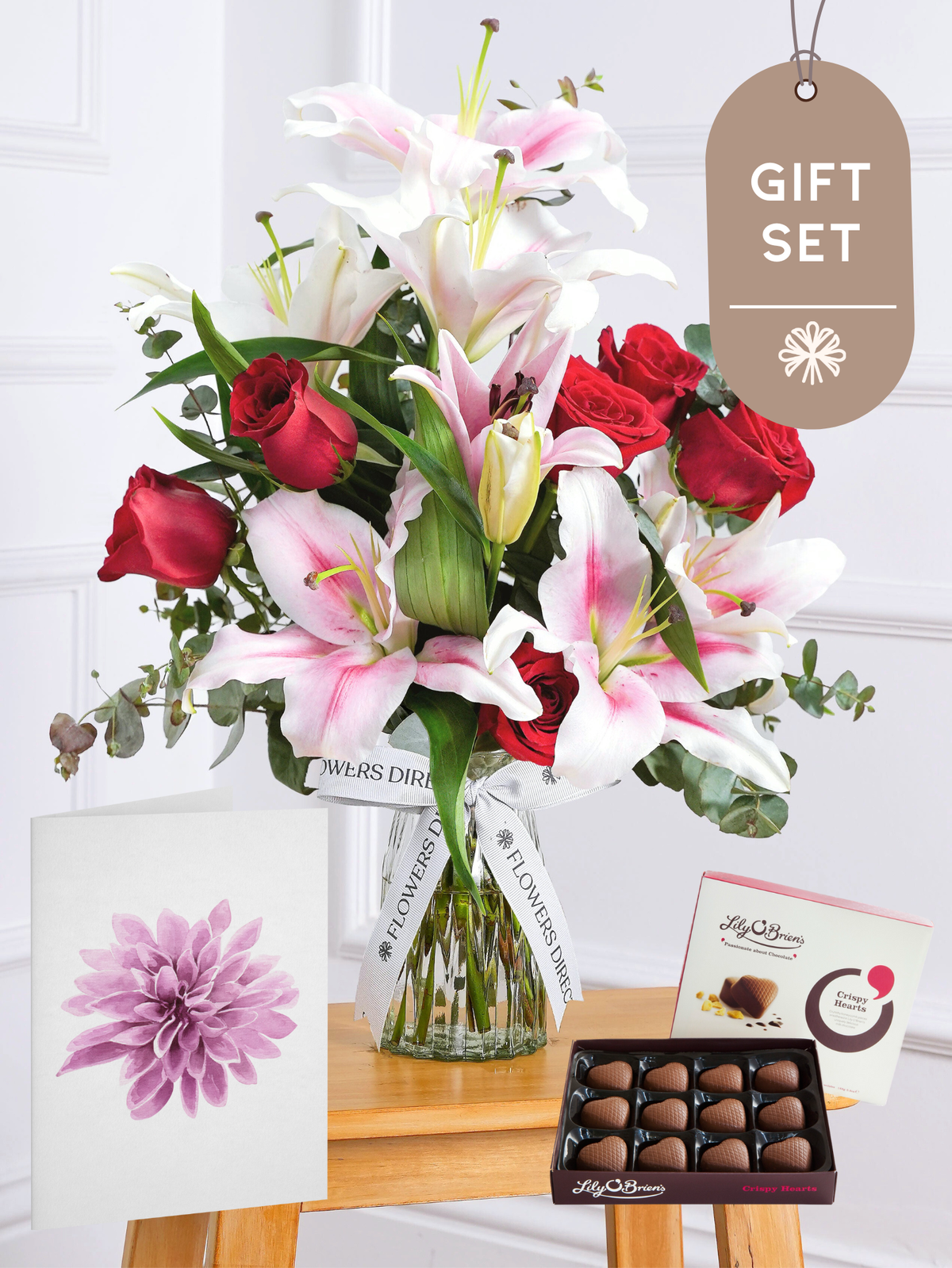Red Roses and Pink Lily Vase Gift Set