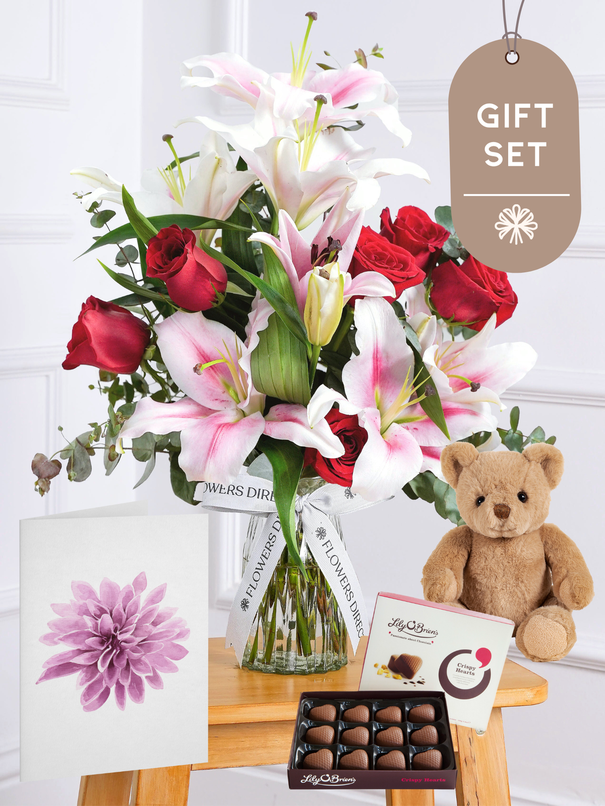 Red Roses and Pink Lily Vase Gift Set