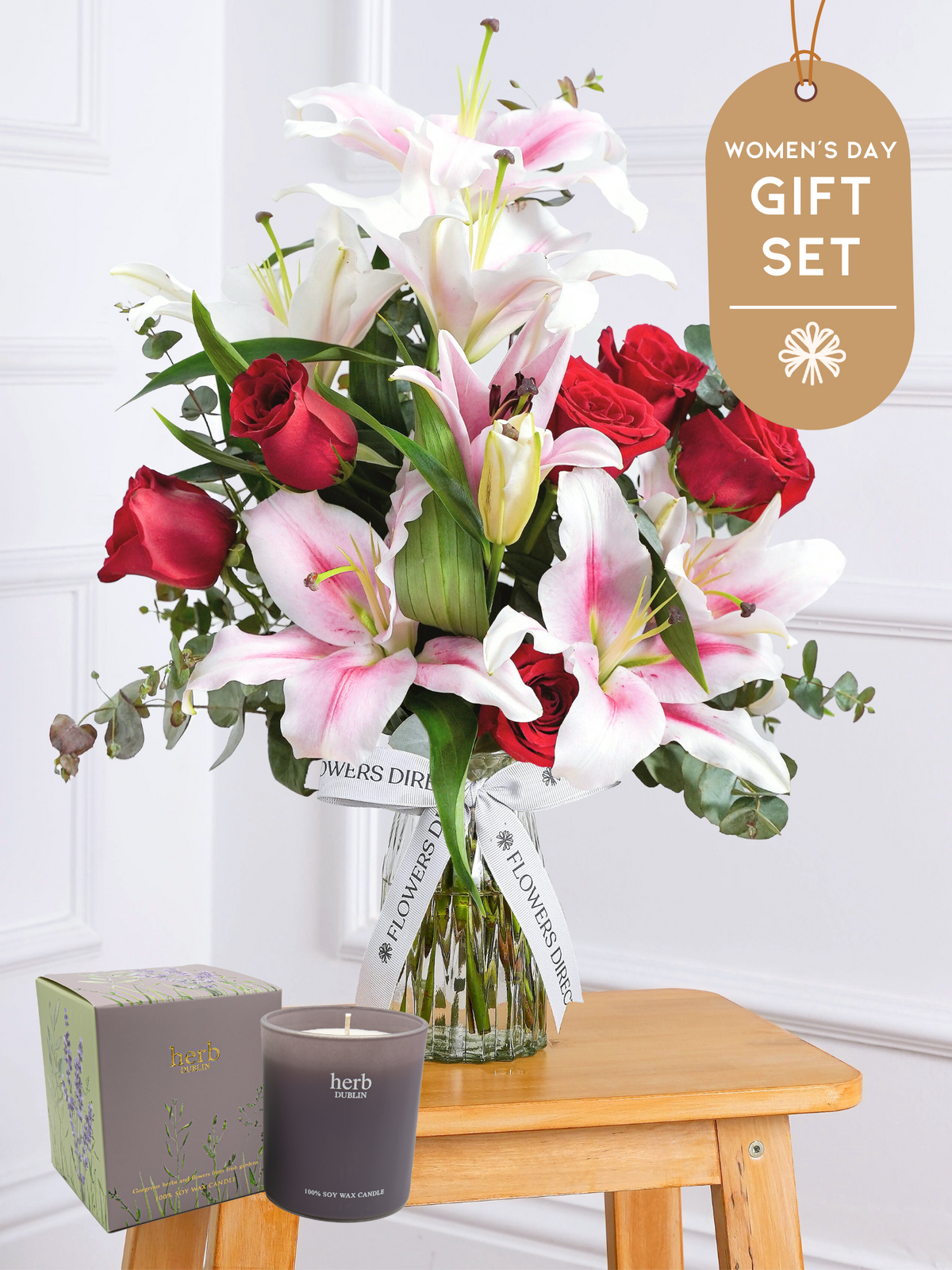 Women&#39;s Day Red Roses and Pink Lily - Vase Gift Set