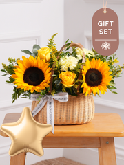 Sunflower Basket Gift Set – Brighten any day with our radiant Sunny Day floral arrangement, lovingly nestled in a...
