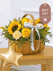Sunflower Basket Gift Set – Brighten any day with our radiant Sunny Day floral arrangement, lovingly nestled in a...