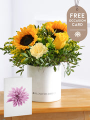 Sunflower Hatbox with Free Occasion Card –  Give the gift of pure joy with this vibrant Sunny Day Hatbox floral arrangement! The golden...