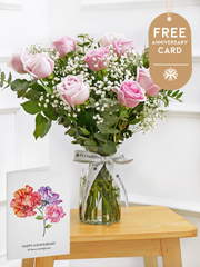 12 Long Stem Pink Roses - Vase with Free Happy Anniversary Card –  Celebrate love with the Valentine 12 Long Stem Pink Roses arrangement, elegantly presented in...