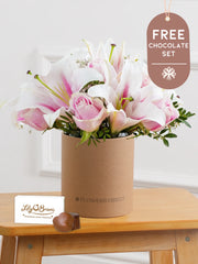 Anniversary Pink Roses and Pink Lily - Hatbox with Chocolate Set –  Our Pink Roses and Pink Lily Hatbox is a stunning work of art, expertly...