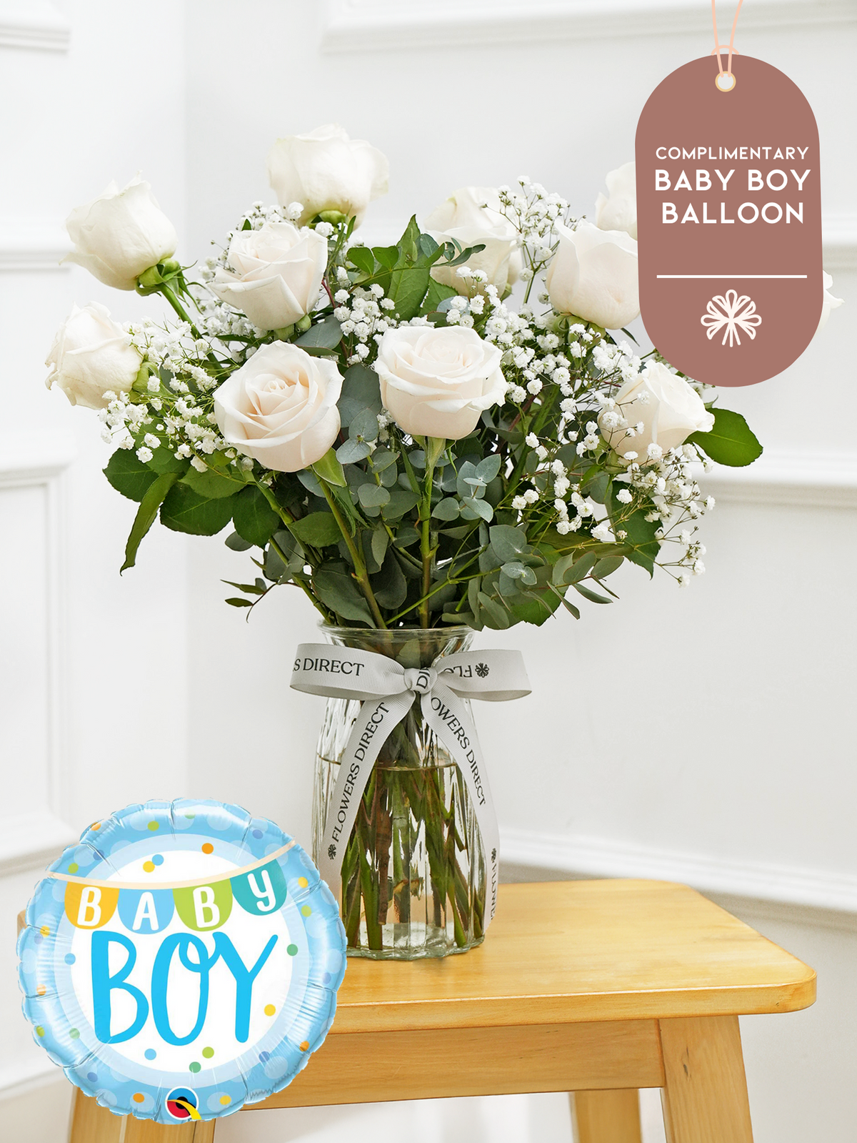 Baby Boy 12 Long Stem White Roses - Vase (Complimentary Baby Boy Balloon)