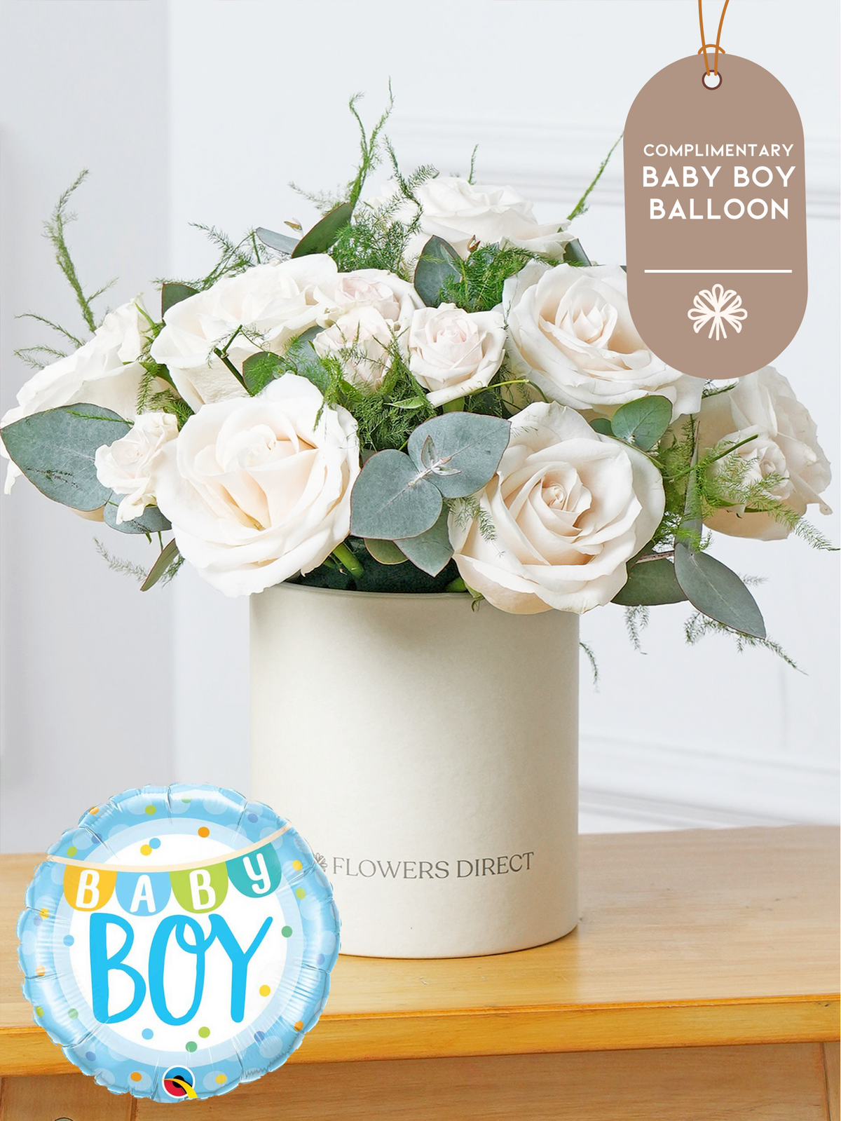 9 White Roses - Hatbox (Complimentary Baby Boy Balloon)