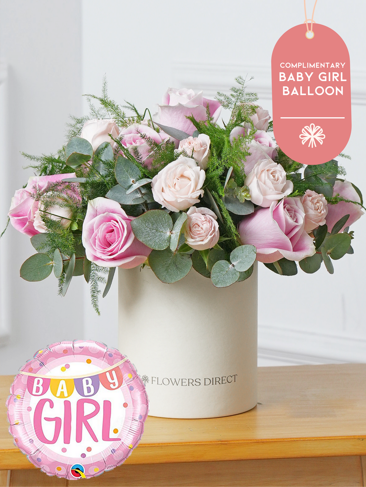9 Pink Roses - Hatbox (Complimentary Baby Girl Balloon)